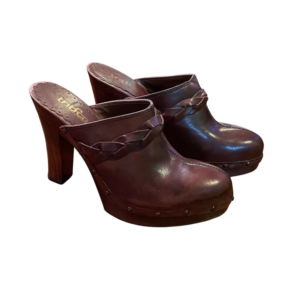 Kenneth Cole TRIBECA Chocolate Brown Leather Studded Platform Clogs, Boho, 8.5